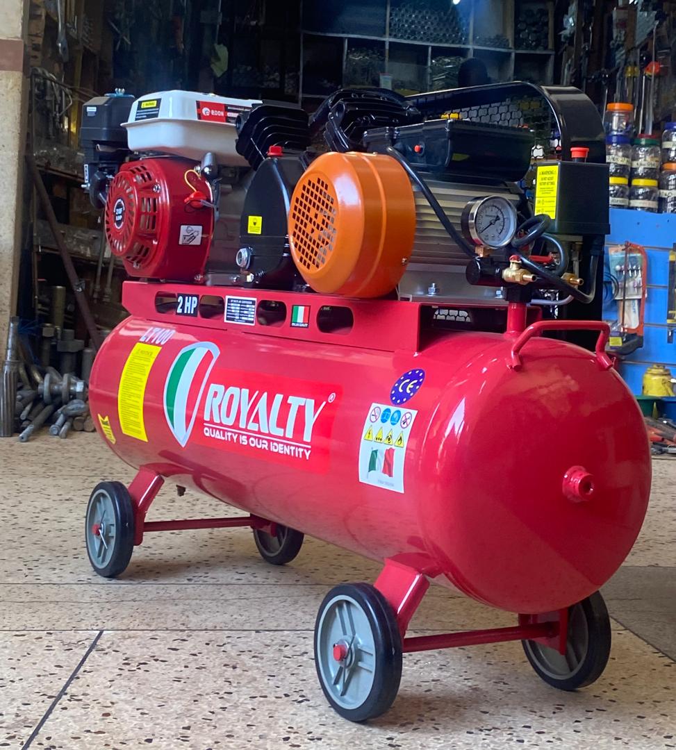 Double Function Air Compressor Uganda. Double Function Air Compressor 7HP Engine, 3HP Motor, Royalty Brand Italy Technology 100 Litres Tank for Sale in Kampala Uganda. Machine World Uganda, Leading Air Compressors Company in Uganda: Supplier, Importer, Distributor, Assembler and Installer of Domestic and Industrial Air Compression Equipment in Kampala-Uganda, East Africa: Kigali-Rwanda, Nairobi-Mombasa-Kenya, Juba-South Sudan, DRC-Congo, Tanzania. Machinery Uganda